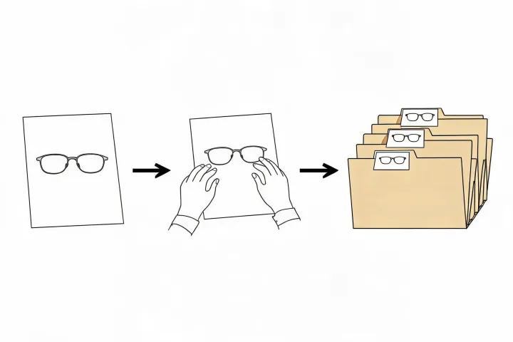 Schematic of an eyewear inquiry moving from buyer desk to factory replies