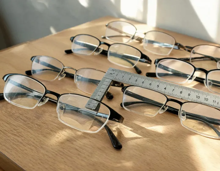 Optical buyer reviewing bifocal reading glasses size chart beside sample frames