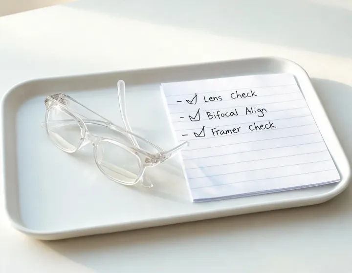 Clear bifocal reading glasses sample pair with approval checklist